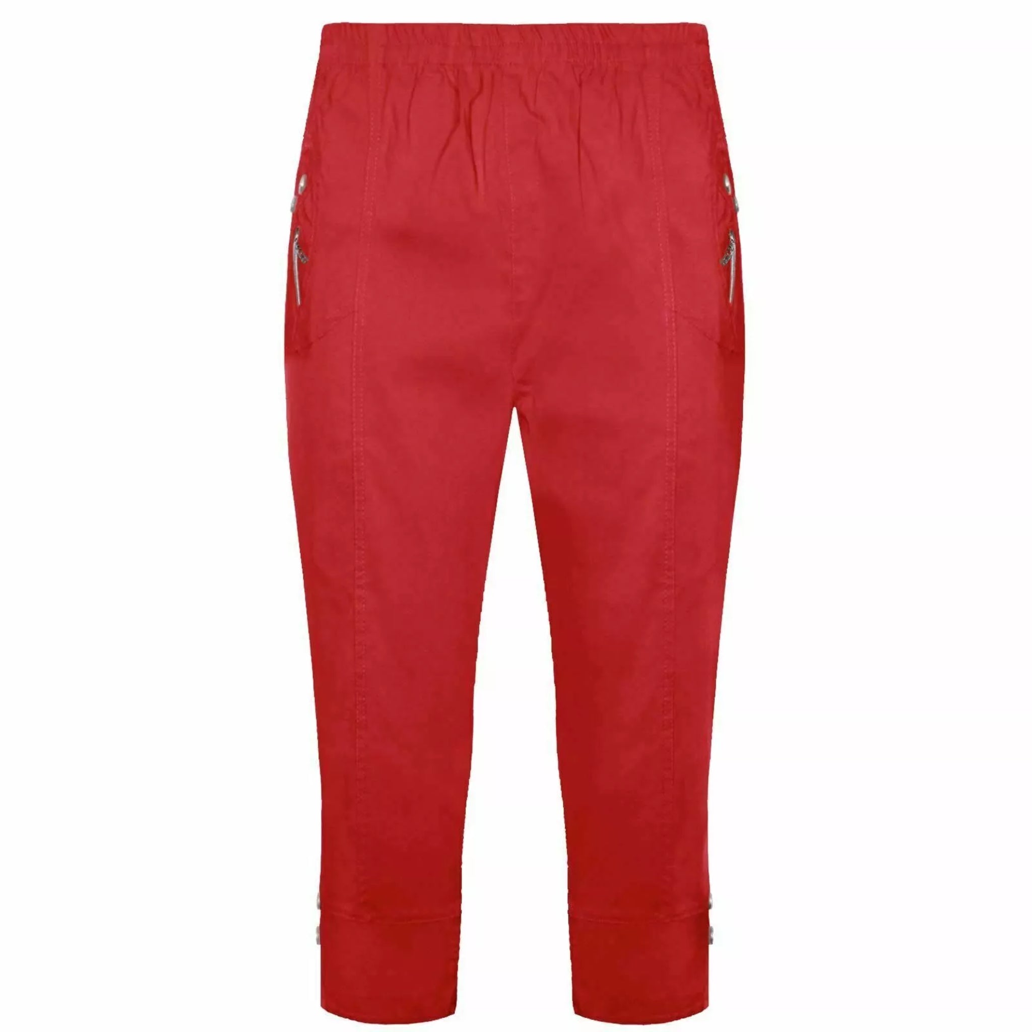 Ladies red 3/4 cropped trousers with zip pocket and button detail summer fashion